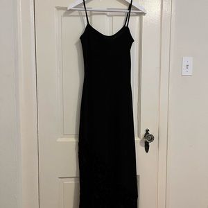 Long Black Satin sheath dress - velvet floral pattern at the hem.